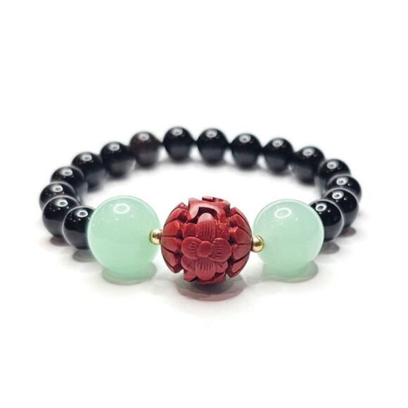Onyx & Carved Cinnabar Beaded Stretch Bracelet | Aqua Glass & Gemstone - Picture 2 of 2